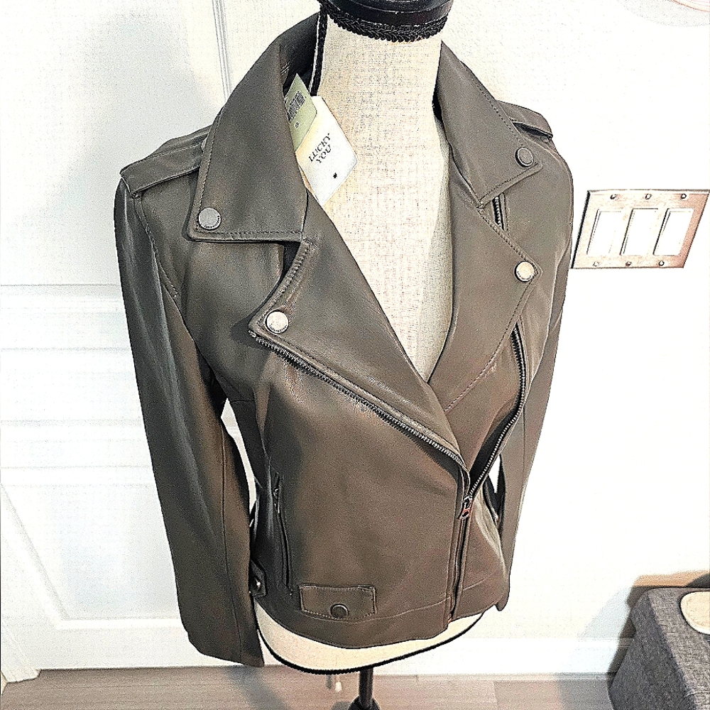 🔥Lucky Brand NWT Gray Vegan Leather Moto Asymmetrical Zipper Closure Jacket 🖤
